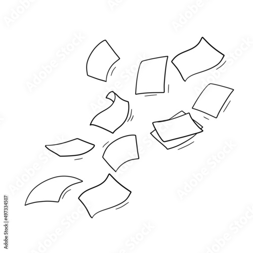 Paper files of documents fall down. Flying sheets. Blank sheet.