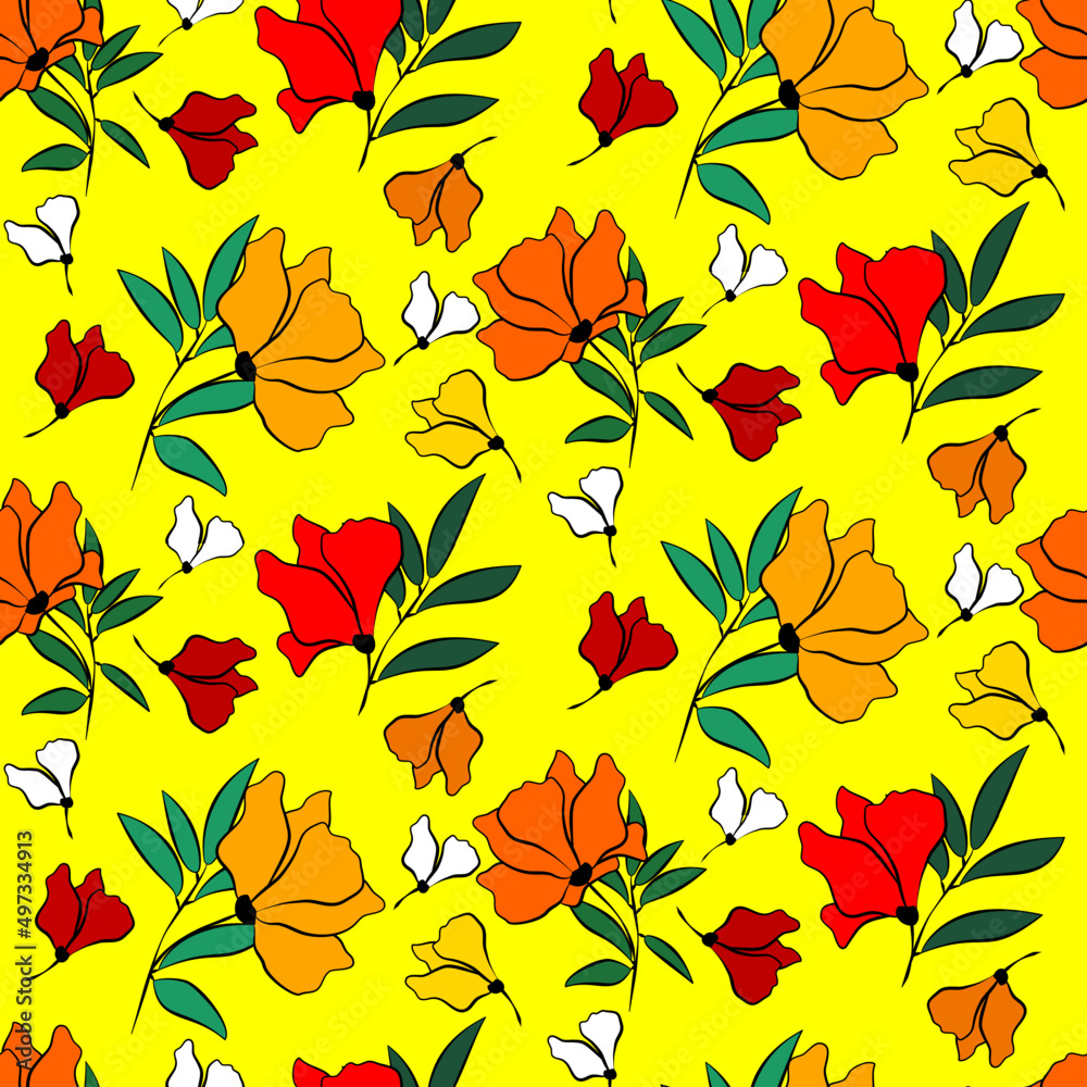 Obraz premium Vector seamless half-drop pattern, with leaves and flowers