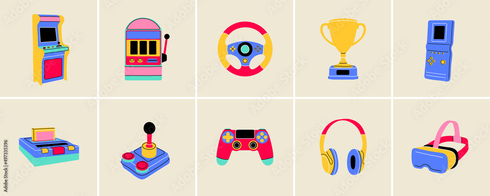 Gaming modern and retro elements in flat line style. Hand drawn vector ...