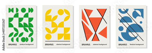 Set of 4 minimal vintage 20s geometric design posters, wall art, template, layout with primitive shapes elements. Bauhaus retro pattern background, vector abstract circle, triangle and square line art