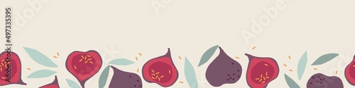 Seamless fig border. Fruits with leaf hand drawn sketch isolated. Whole fruit and cut half. Silhouette vector illustration for wallpaper. Food template for menu, juice label, nursery design.