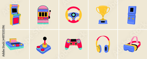 Gaming modern and retro elements in flat line style. Hand drawn vector illustration: Headphones, Game Console, Controller, Slot and Arcade Machine, Logic Game, Joystick, VR glasses, Wheel, Trophy Cup