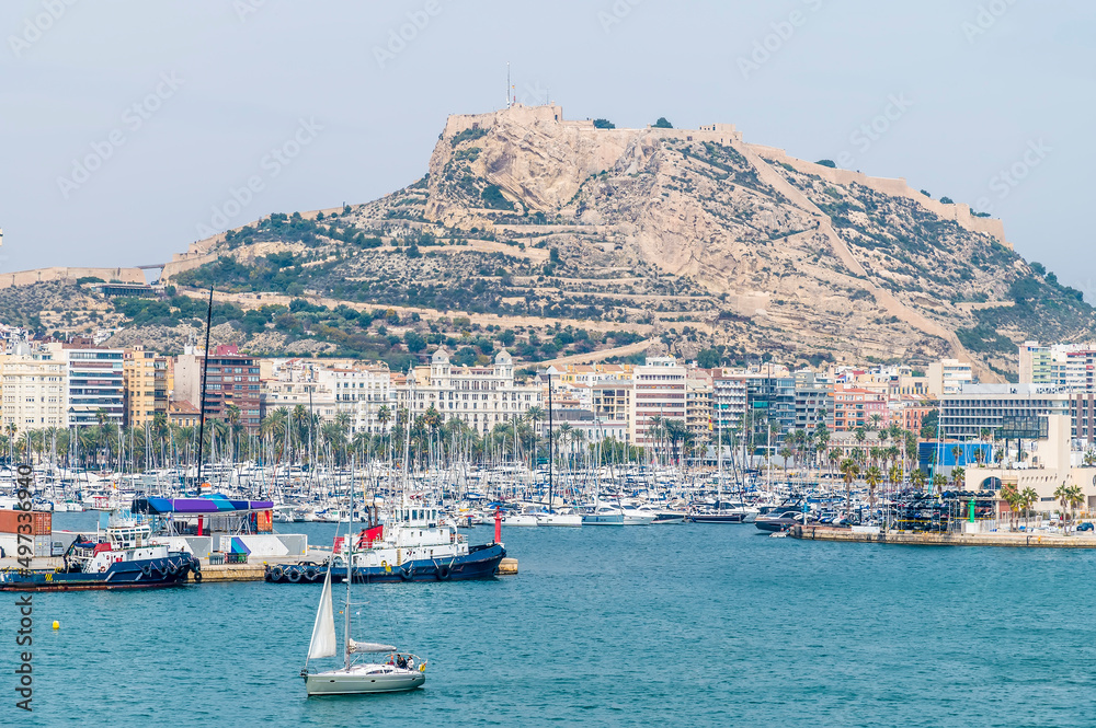 A view from the sea towards the marina of Alicante on a spring day