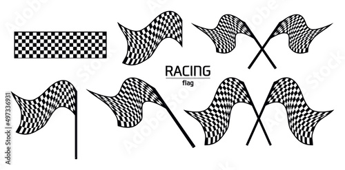 Vector black and white racing, chekered flag on white background. Set of car design symbol element