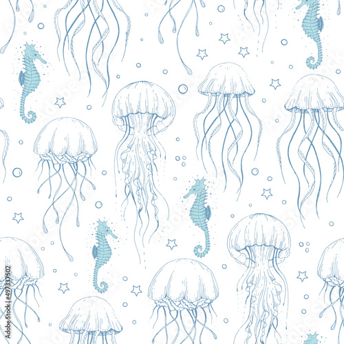 Vector violet purple jellyfish seahorse texture background seamless pattern print