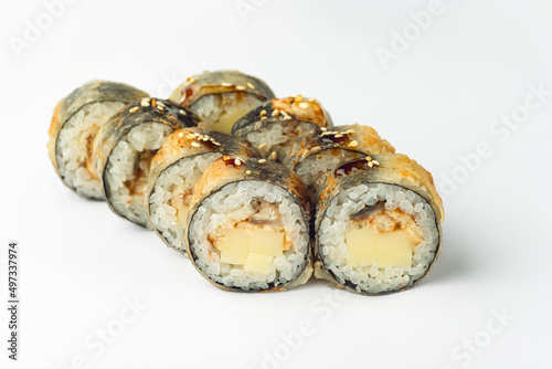 Rolls on a white background, rolls and sushi, sushi with different fillings © РоманЪ