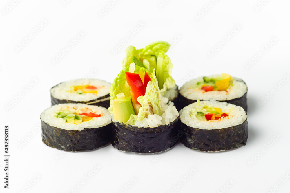 Rolls on a white background, rolls and sushi, sushi with different fillings Rolls on a white background, rolls and sushi, sushi with different fillings