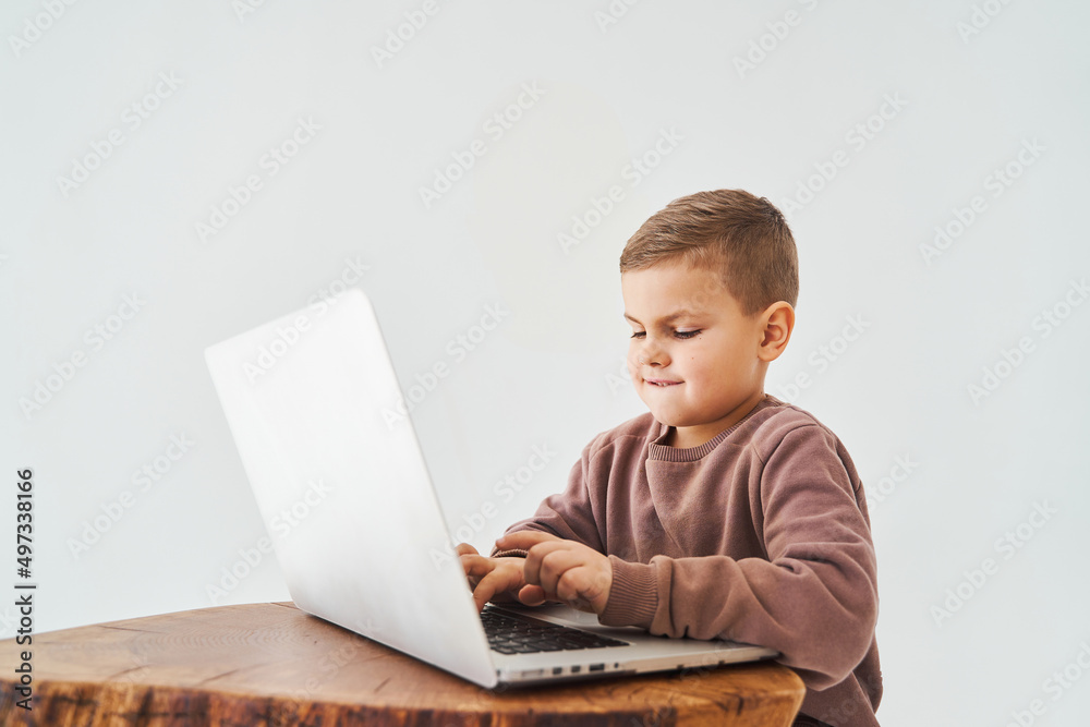 Handsome kid use laptop and look at camera, watch virtual lecture and tutorial. E-learning and knowledge. Preparation for lesson and studying online on white background. Handsome kid use laptop and look at camera, watch virtual lecture and tutorial. E-learning and knowledge. Preparation for lesson and studying online on white background.