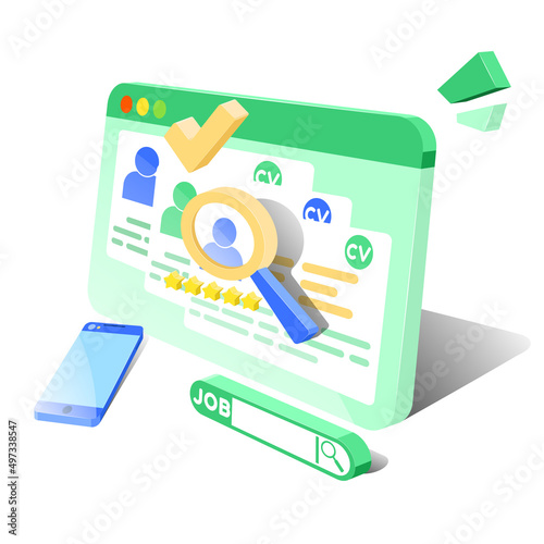 Isometric concept of employment, hiring and online recruitment. Recruitment agency for employment on the Internet. 3d model of a computer screen showing CVs. Isolated on white background