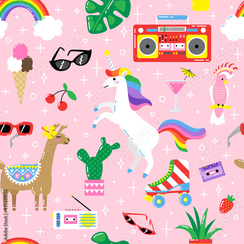 Seamless summer pattern with cute funny animals and plants