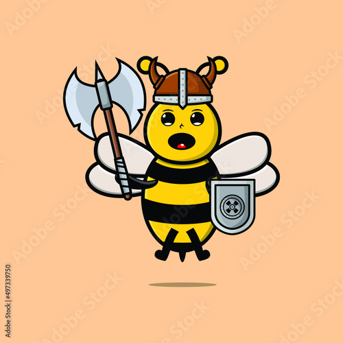 Cute cartoon character Bee viking pirate with hat and holding ax and shield in modern design 