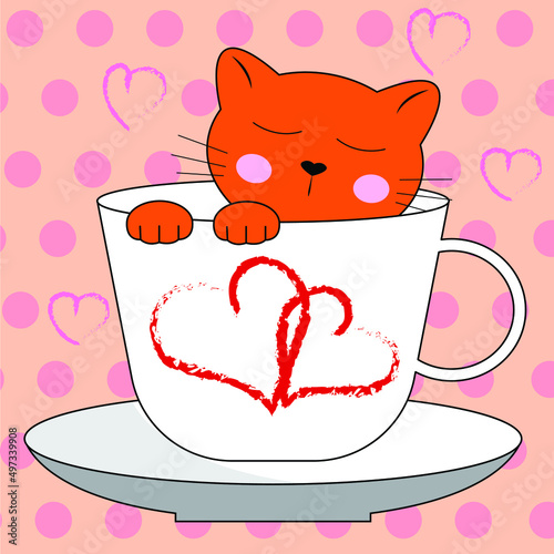 Cute characters red cat in a coffee cup. Cartoon character in doodle style. Vector illustration