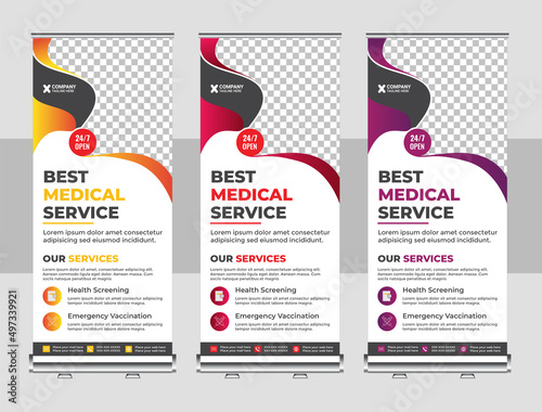 Health care and medical roll up design, standee and banner template decoration for exhibition, printing, presentation and brochure flyer concept vector illustration set
