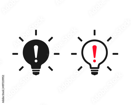 Warning light bulb. Lamp with exclamation mark. Vector illustration