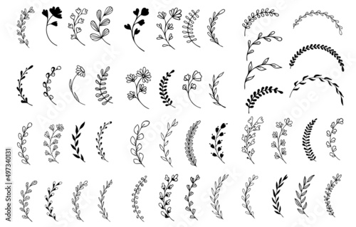 Set of hand drawn doodle tree branches with leaves on white background