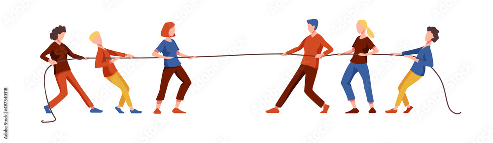 Male and female characters: tug of war competition, battle for leadership, business contest, rivalry, challenge concept. Vector corporate rivalry and conflict in cartoon style. - obrazy, fototapety, plakaty 
