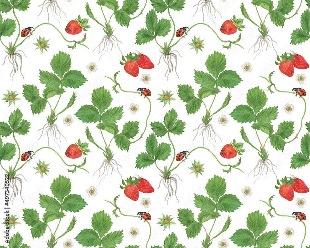 custom made wallpaper toronto digitalWatercolor painting summer seamless pattern with strawberry, ladybug and white flowers