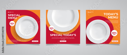 Food social media post template. vector illustration with white plate on red and orange background