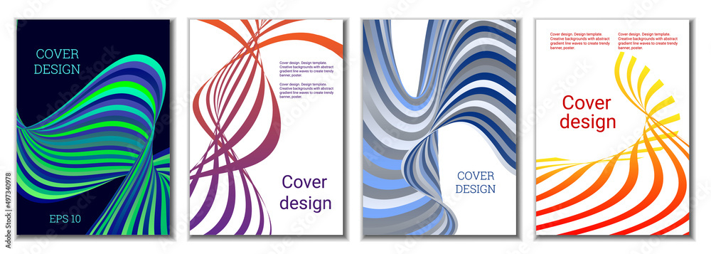 A set of 4 abstract covers. Wavy parallel gradient lines, ribbons evolve. Cover design, background. Trendy banner, poster. A set of 4 abstract covers. Wavy parallel gradient lines, ribbons evolve. Cover design, background. Trendy banner, poster.