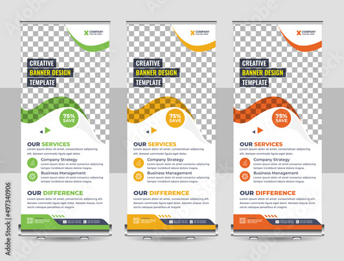 Corporate rollup banner, pull up, business flyer, display, x-banner, and flag-banner Set