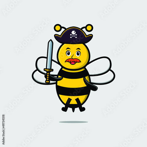 Cute cartoon mascot character bee pirate with hat and holding sword in modern design