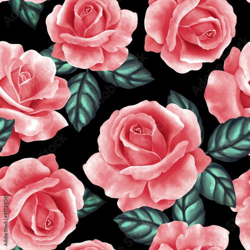 Seamless floral pattern with red roses on black background