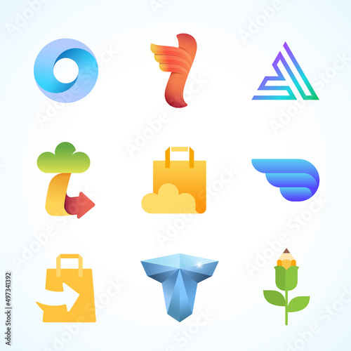 Abstract Vector Logo Templates Collection. Shopping, Delivery and Cloud Storage Signs and Symbols Set. Modern Gradients Colorful Emblems Concepts Bundle Isolated