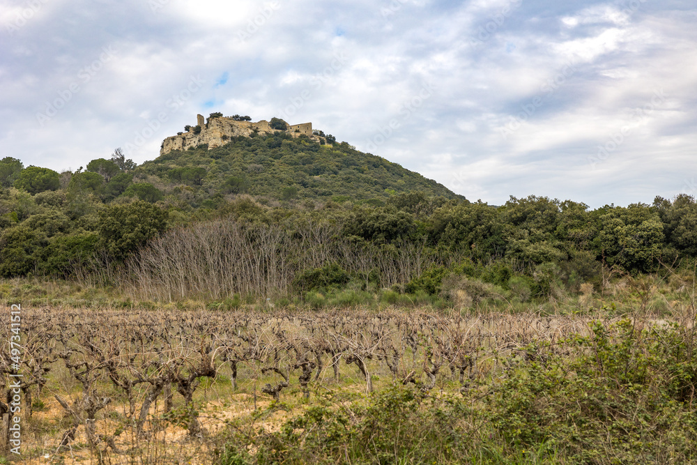 Vue sur le Château de Gicon depuis un chemin de randonnée (Occitanie, France)