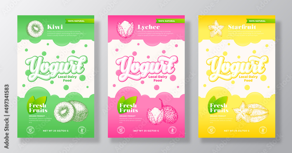 Fruits and Berries Yogurt Label Templates Set. Abstract Vector Dairy Packaging Design Layouts Collection. Modern Banner with Hand Drawn Kiwi, Lychee and Starfruit Sketches Background Isolated