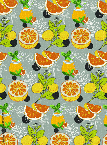Seamless pattern with oranges on the grey background