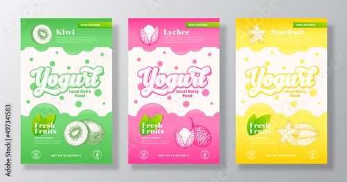 Fruits and Berries Yogurt Label Templates Set. Abstract Vector Dairy Packaging Design Layouts Collection. Modern Banner with Hand Drawn Kiwi, Lychee and Starfruit Sketches Background Isolated
