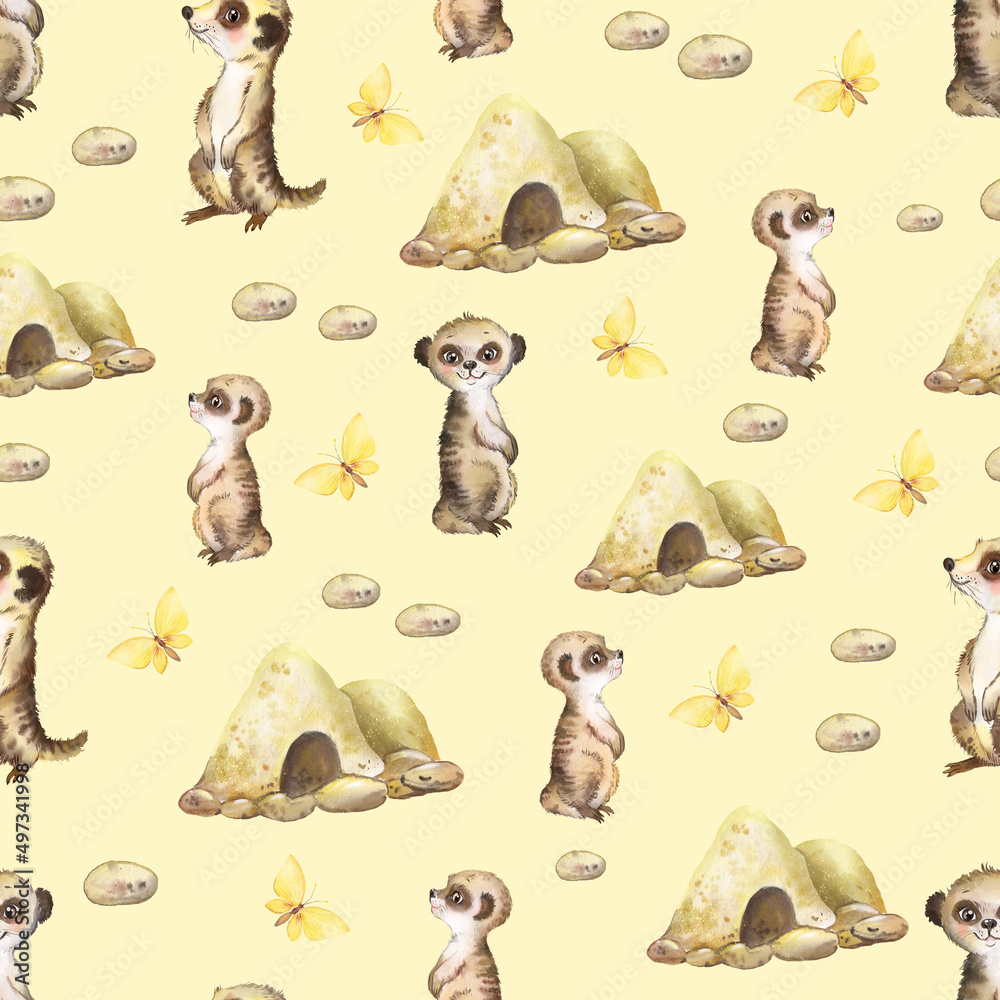 Watercolor pattern with a family of meerkats, pattern with African animals, meerkats, baby pattern