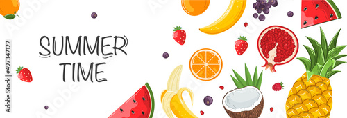 Sweet summer fruits and mixed berries. Watermelon, banana, pineapple, strawberry, orange, coconut, apple, peach, currant, raspberry, watermelon, kiwi. Vector banner.
