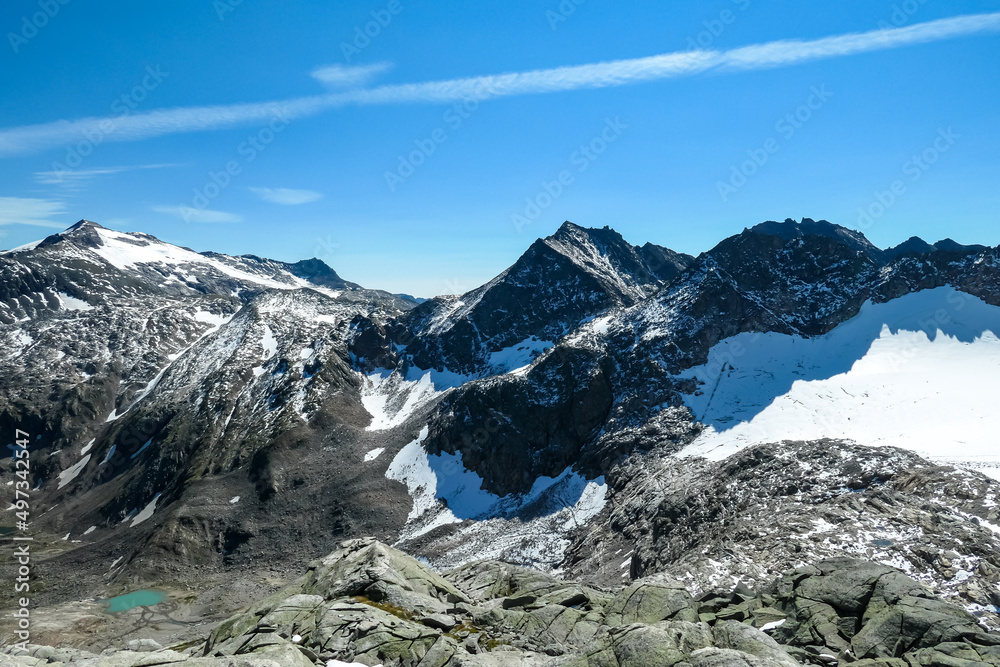Scenic view on Hoher Sonnblick glacier in High Tauern mountains in Carinthia, Salzburg, Austria, Europe, Alps. Goldbergkees in Hohe Tauern National Park on a sunny day. Melting Kleinfleissscharte