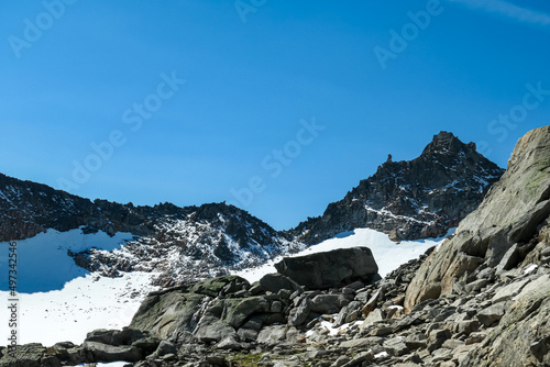 Scenic view on Hoher Sonnblick glacier in High Tauern mountains in Carinthia, Salzburg, Austria, Europe, Alps. Goldbergkees in Hohe Tauern National Park on a sunny day. Melting Kleinfleissscharte photo