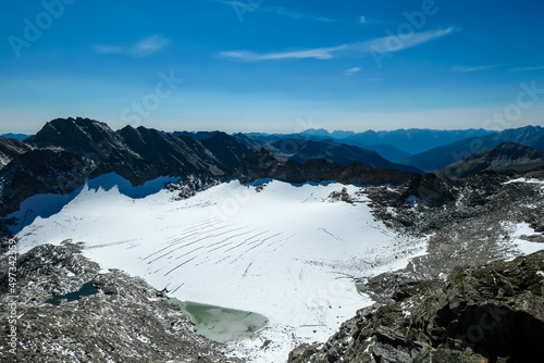 Scenic view on Hoher Sonnblick glacier in High Tauern mountains in Carinthia, Salzburg, Austria, Europe, Alps. Goldbergkees in Hohe Tauern National Park on a sunny day. Melting Kleinfleisskees photo