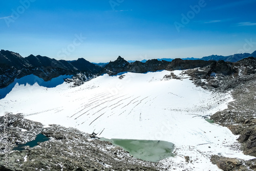 Scenic view on Hoher Sonnblick glacier in High Tauern mountains in Carinthia, Salzburg, Austria, Europe, Alps. Goldbergkees in Hohe Tauern National Park on a sunny day. Melting Kleinfleisskees photo