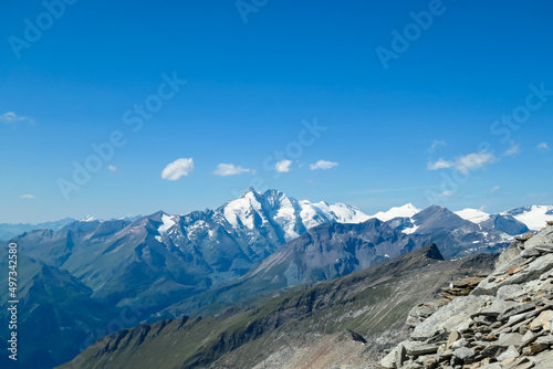 Close up view on from Hoher Sonnblick on the summit of Grossglockner in the High Tauern mountains in Carinthia, Salzburg, Tyrol Austria, Europe, Alps. Hohe Tauern National Park. Sunny day, clear view