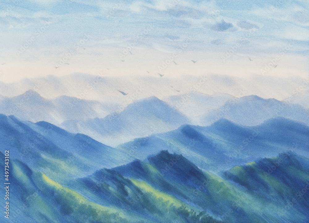 Morning light in the mountains watercolor landscape