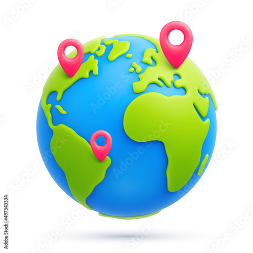 Cartoon planet Earth with red pointers 3d vector icon on white background. World traveling or GPS navigation concept. Vector illustration
