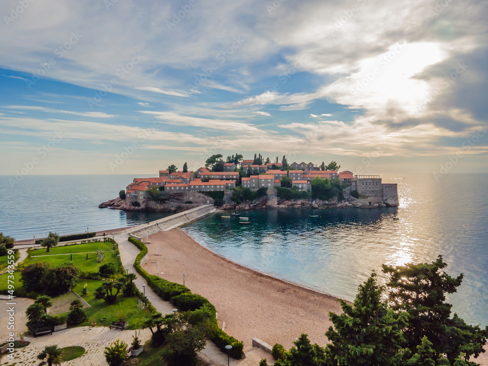 Aerophotography. View from flying drone. Panoramic view of Sveti Stefan island in Budva in a beautiful summer day, Montenegro. Top View. Beautiful destinations