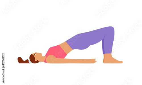 Woman practicing yoga, Setu Bandha Sarvangasana, Bridge Pose. Flat vector illustration, isolated character