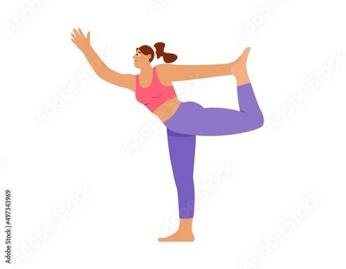 Woman practicing yoga, dancer pose, standing on one leg, Natarajasana. Flat vector illustration, isolated character