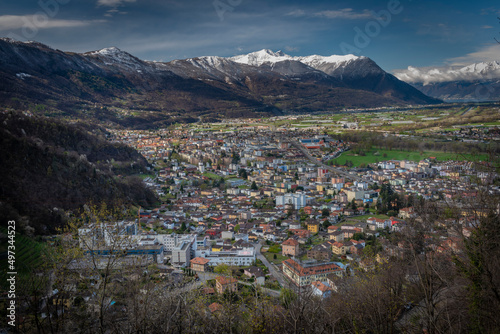 Giubiasco town from castle in Bellinzona town in spring fresh morning
