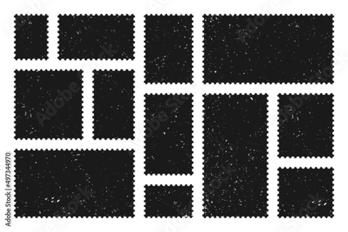 Black blank postage stamps collection. Old grunge sticky paper stamp. Vector illustration.