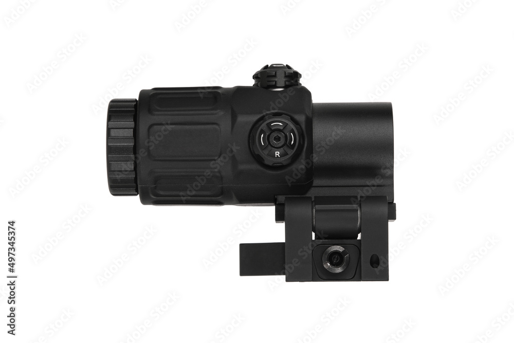 Modern optical collimator sight. Aiming device for shooting at short distances. Isolate on a white back.
