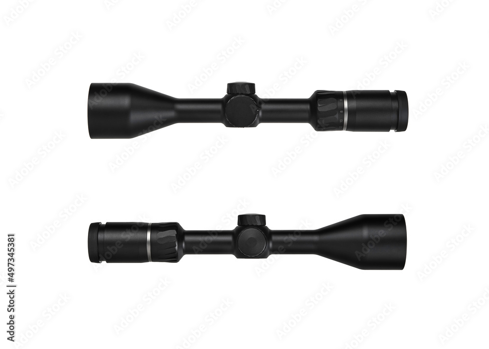 Modern sniper scope on a white back. Optical device for aiming and shooting at long distances. Modern sniper scope on a white back. Optical device for aiming and shooting at long distances.