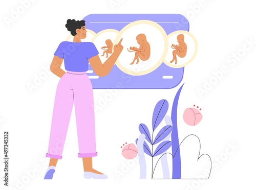 Flat vector illustration with happy female character planning a pregnancy or looking at the development of a baby fetus in the womb.  Concept of conscious pregnancy.