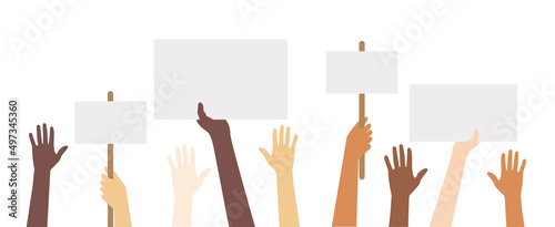People holding placards, signs and banners on protest demonstration or picket. Society against pollution, discrimination, violence, human rights violation