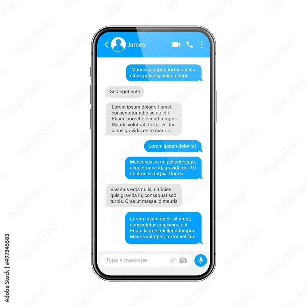 Realistic smartphone with messaging app. SMS text frame. Conversation chat screen with blue message bubbles and placeholder text. Social media application. Vector illustration.